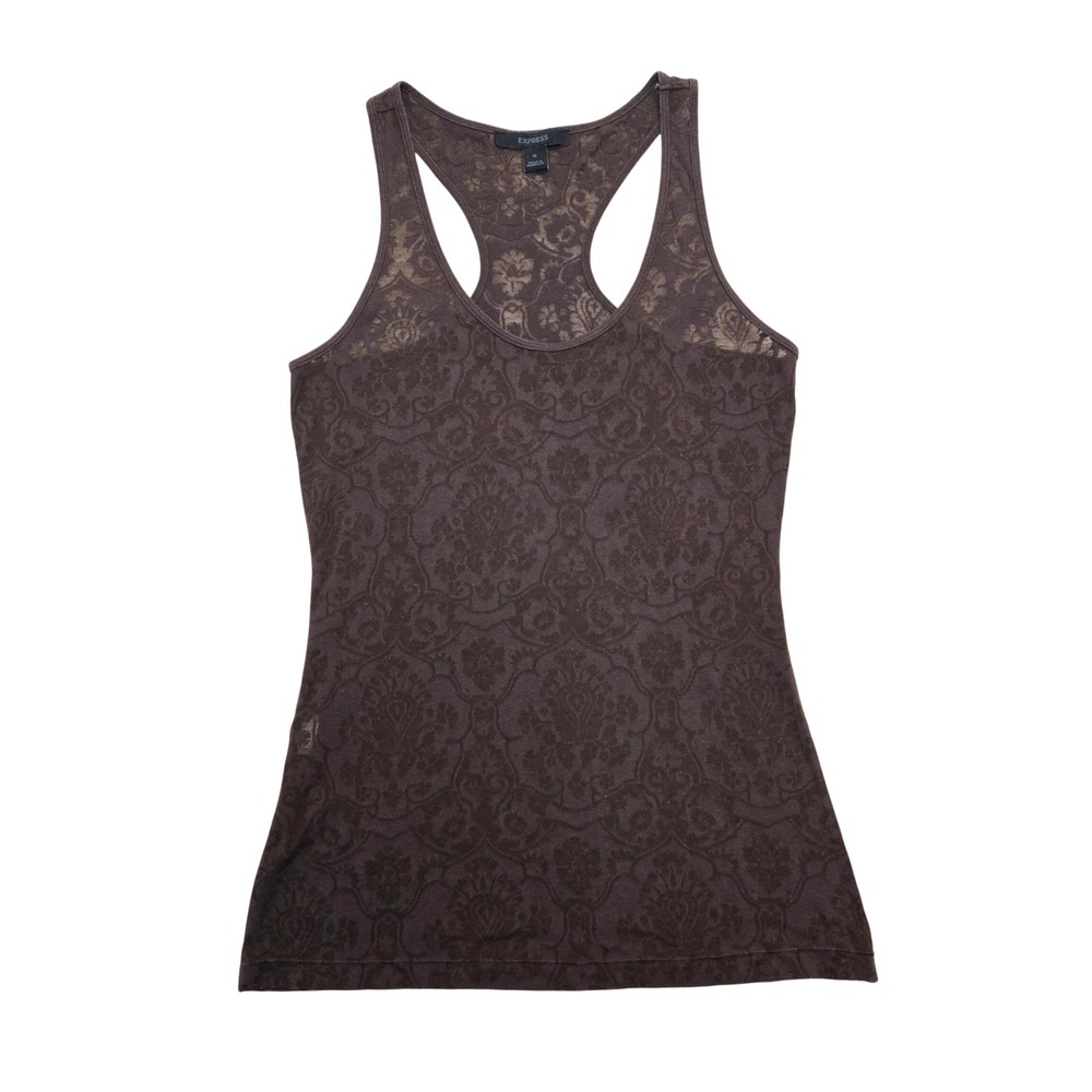 Express Brown Damask Floral Burnout Racerback Tank Top Size M Y2K 2006 Grunge